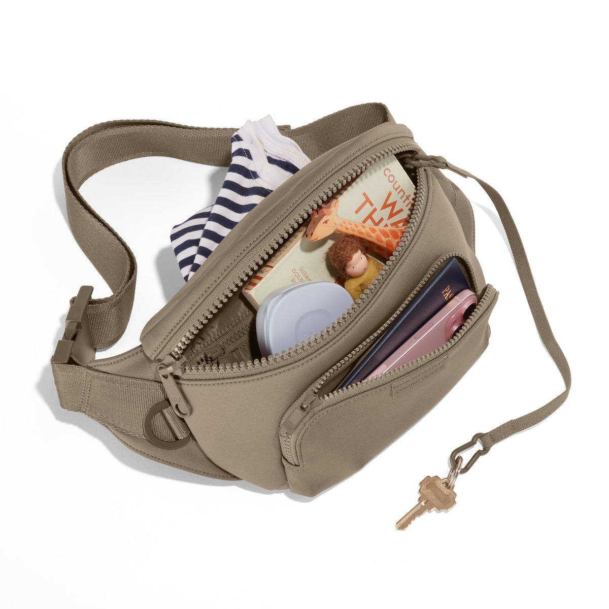 Dagne Dover Jax Large Fanny Pack in Khaki, unzipped.