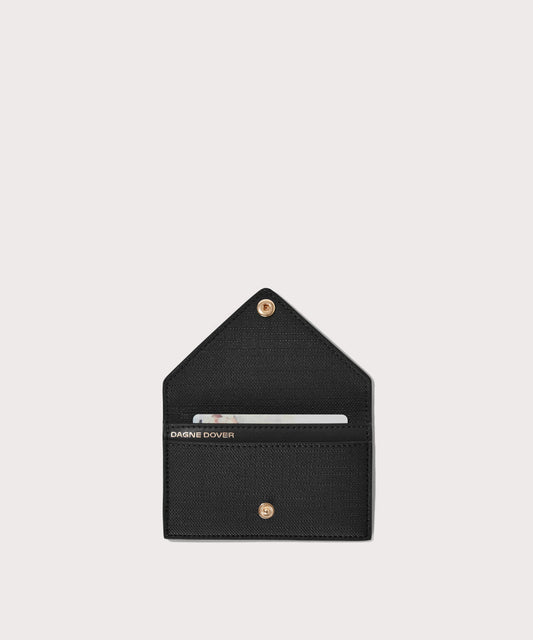 hover - Dagne Dover vegan Card Case in black opened revealing the two internal card slots.