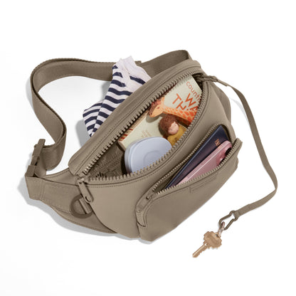 Dagne Dover Jax Large Fanny Pack in Khaki, unzipped.