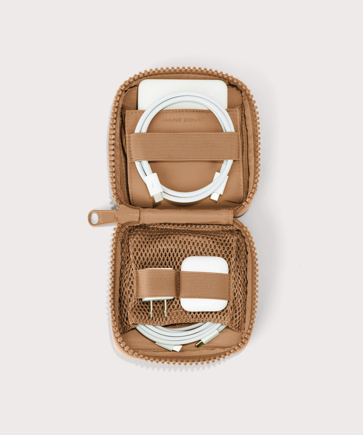 hover - Dagne Dover small Arlo Tech Organizer in camel unzipped, revealing the interior elastic loops and airmesh pockets.