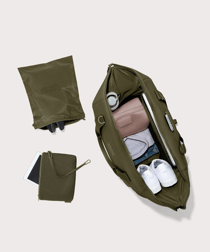 extra large Landon Carryall in dark green unzipped, top down view