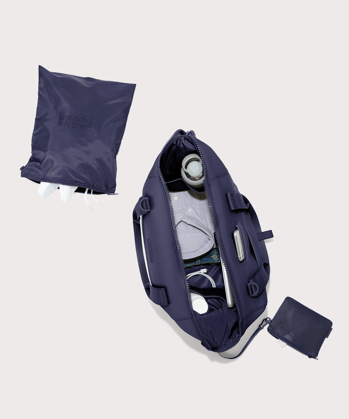Large Landon Carryall in navy blue unzipped, top down view