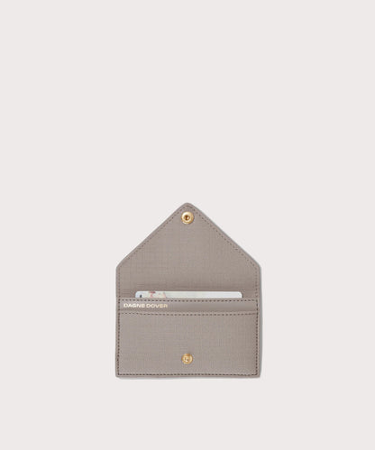 hover - Dagne Dover vegan Card Case in light grey opened revealing the two internal card slots.