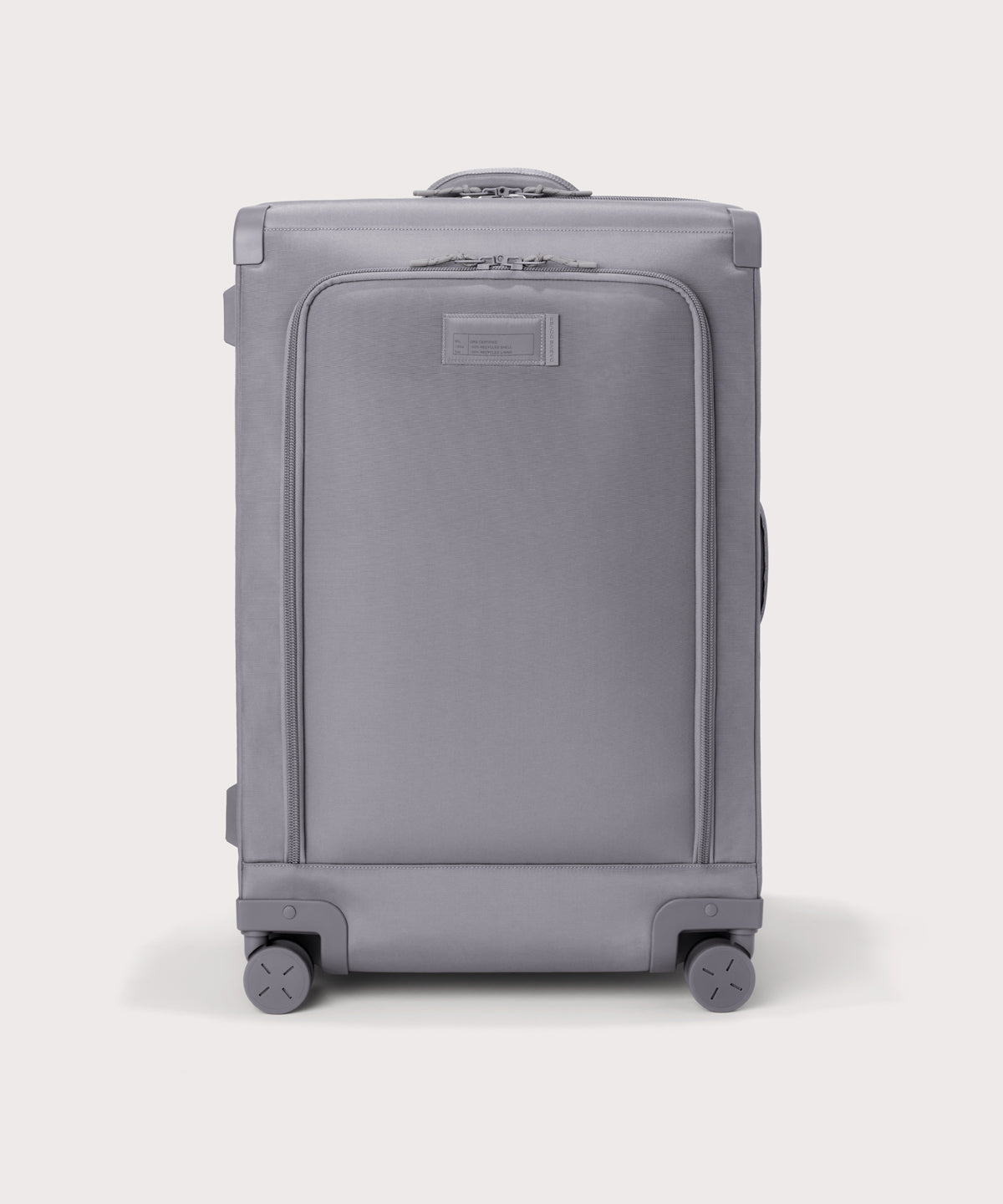 Front view of Sydney checked rolling luggage 28.5” in light grey