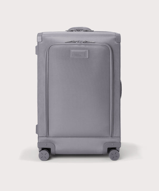 Front view of Sydney checked rolling luggage 28.5” in light grey